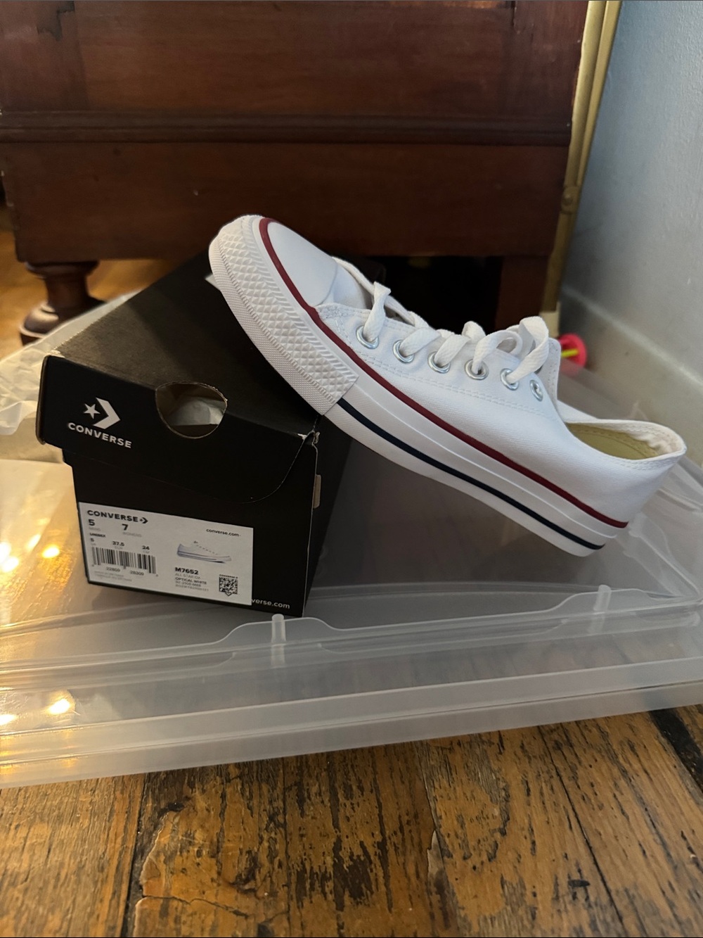 Converse White Canvas Low Top Sneakers with Red & Navy Stripes